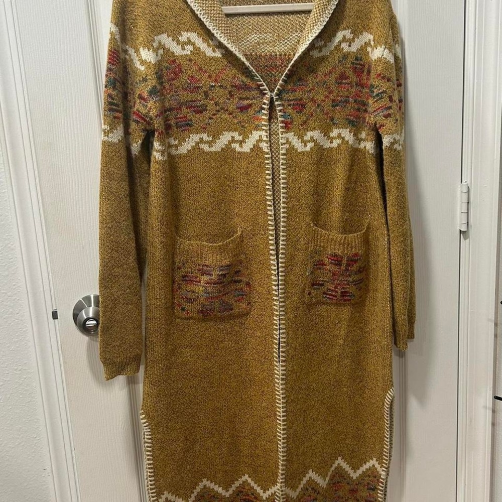 Boho Bohemian Hooded Sweater Duster Brown Hippie Duster Aztec Southwestern Large